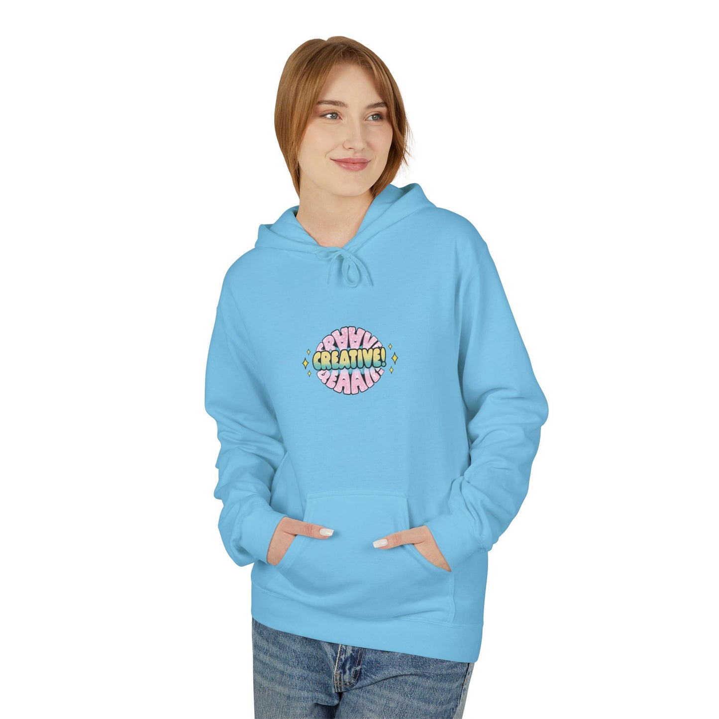 Creative Soft Fleece Hoodie - Detail view of hood and drawstrings
