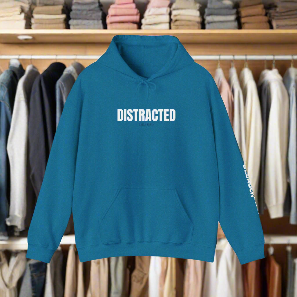 Distracted Cozy Hoodie in Light Pink - Model wearing comfortable sensory-friendly hoodie