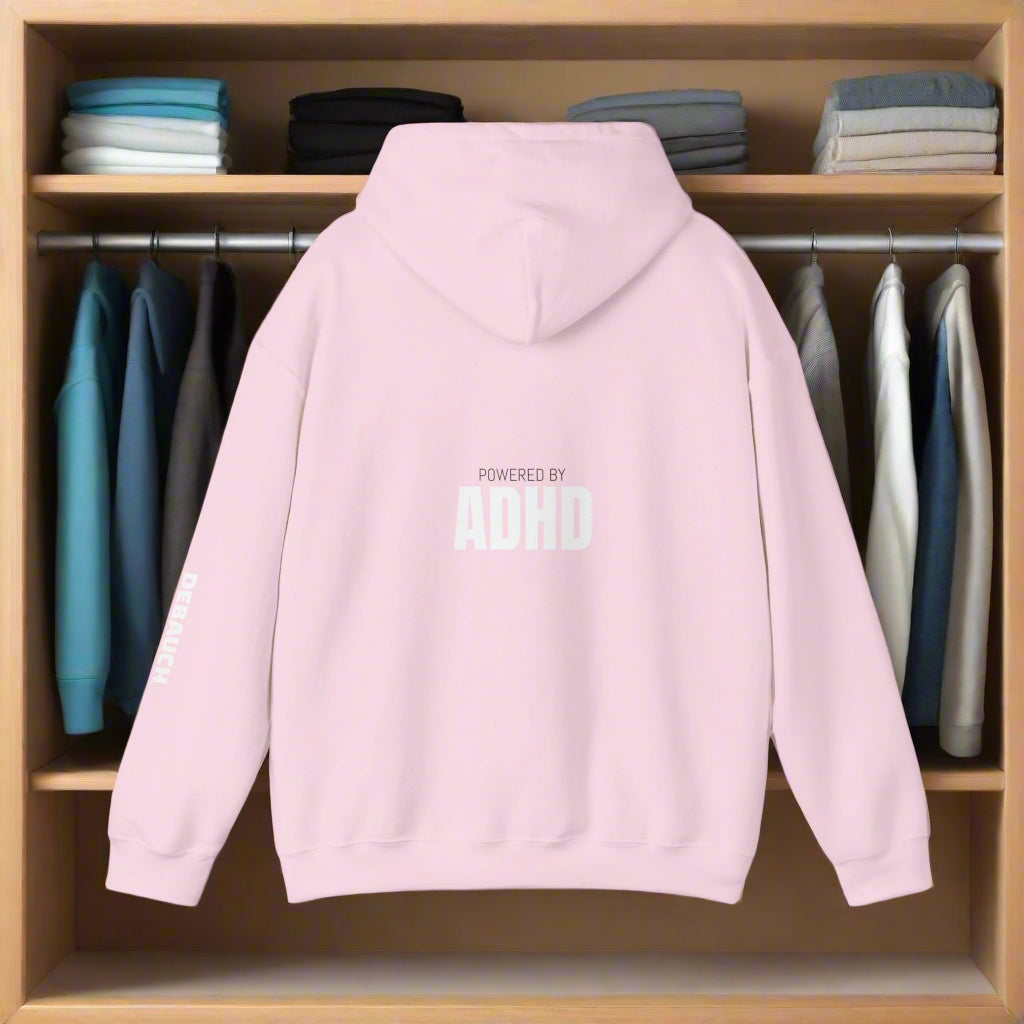 Distracted Cozy Hoodie in Light Pink - Back view of comfortable unisex ADHD awareness apparel