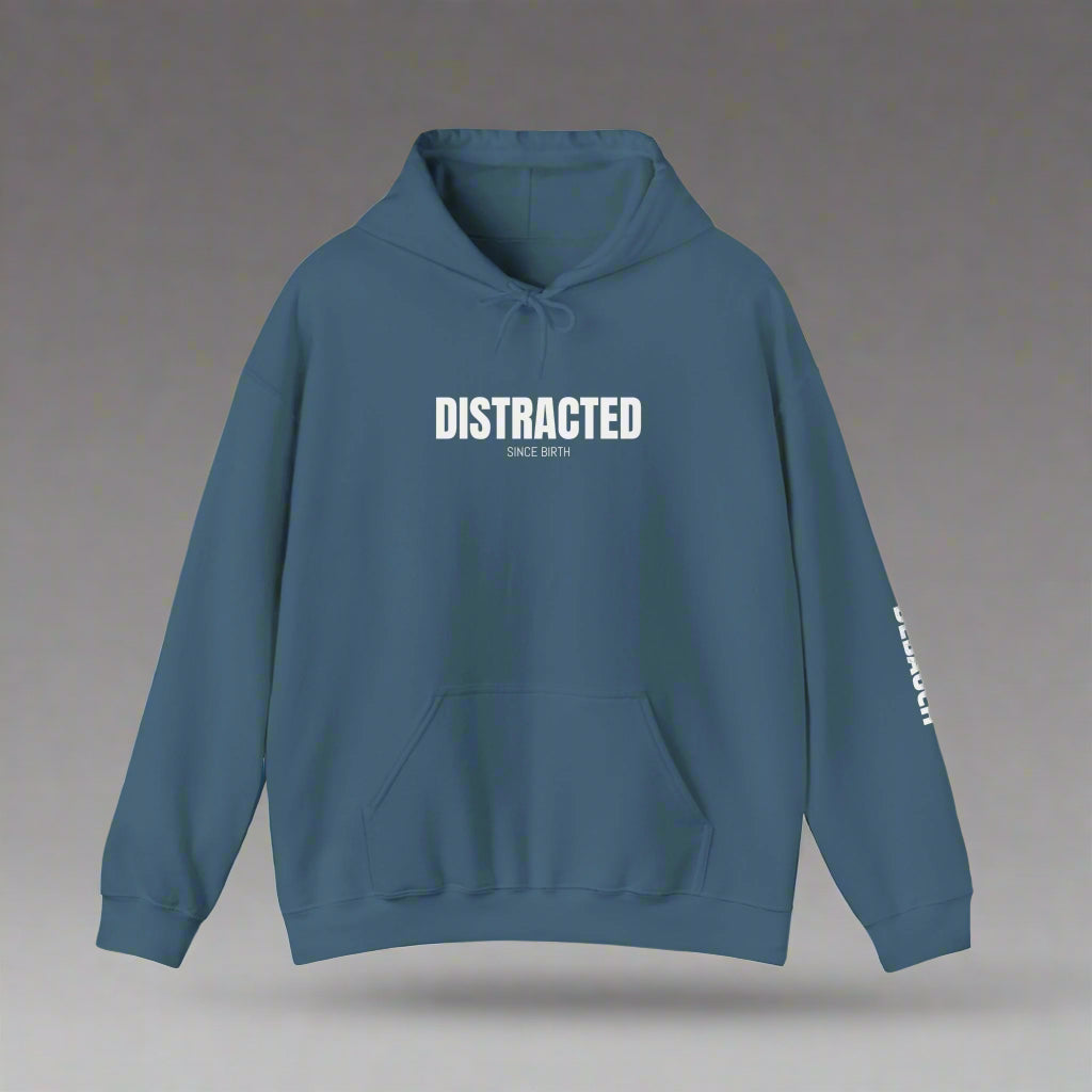 Distracted Cozy Hoodie in Indigo Blue - Front view of sensory-friendly soft fleece apparel for ADHD awareness
