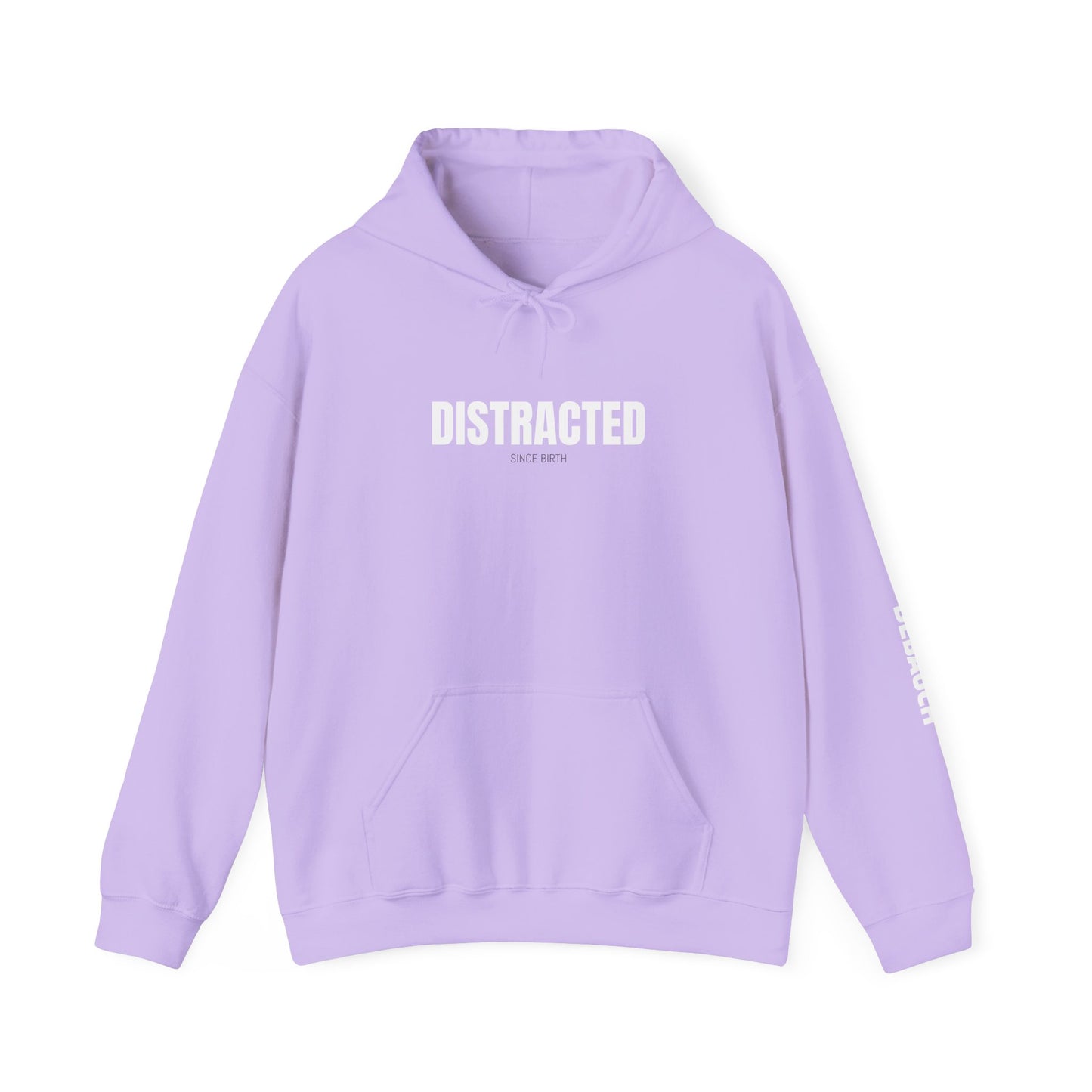 Distracted Cozy Hoodie in Safety Pink/Orchid Purple - Front view of sensory-friendly soft fleece apparel for ADHD awareness