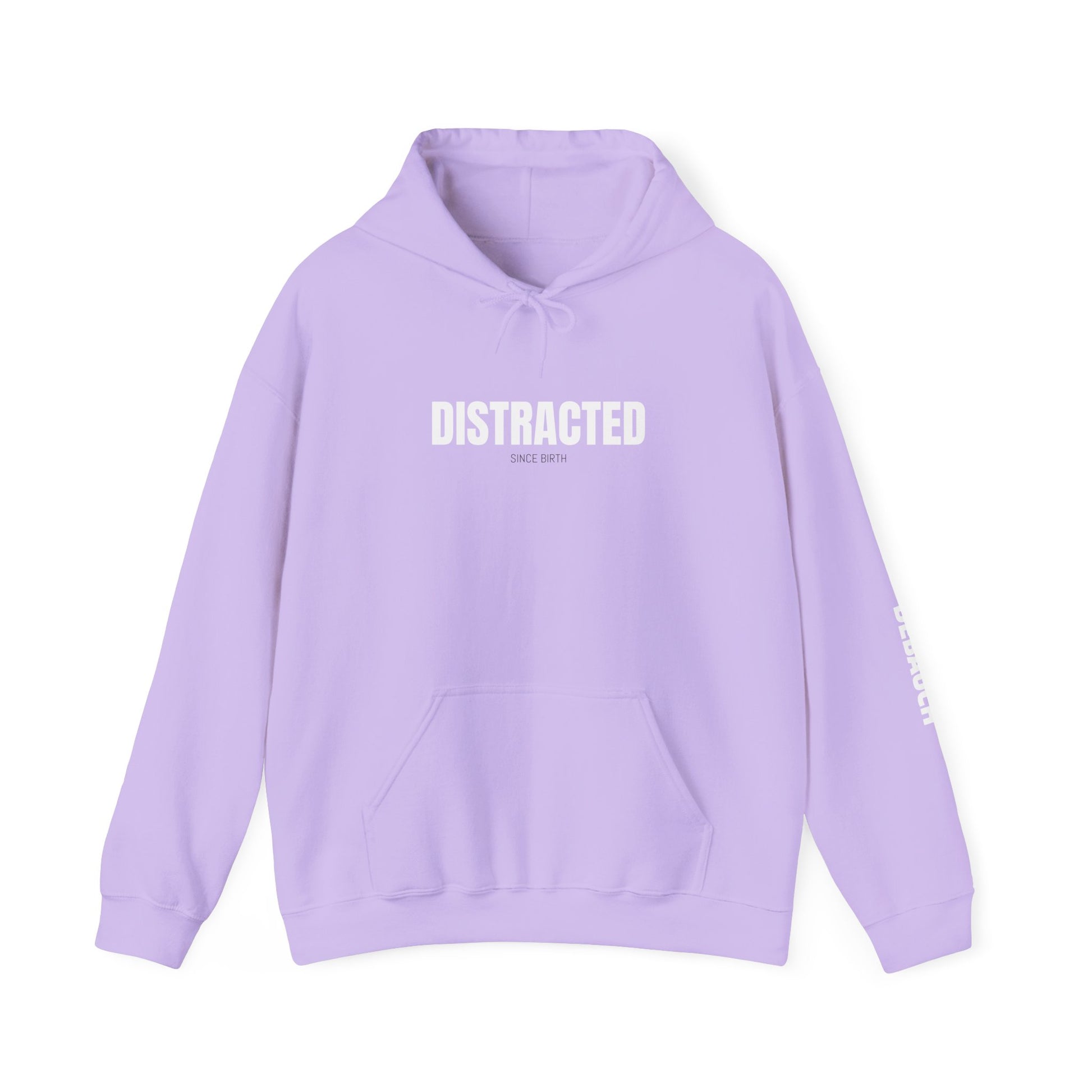 Distracted Cozy Hoodie in Safety Pink/Orchid Purple - Front view of sensory-friendly soft fleece apparel for ADHD awareness