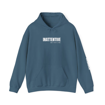 Inattentive Cozy Hoodie in Indigo Blue - Front view of sensory-friendly soft fleece apparel for ADHD awareness