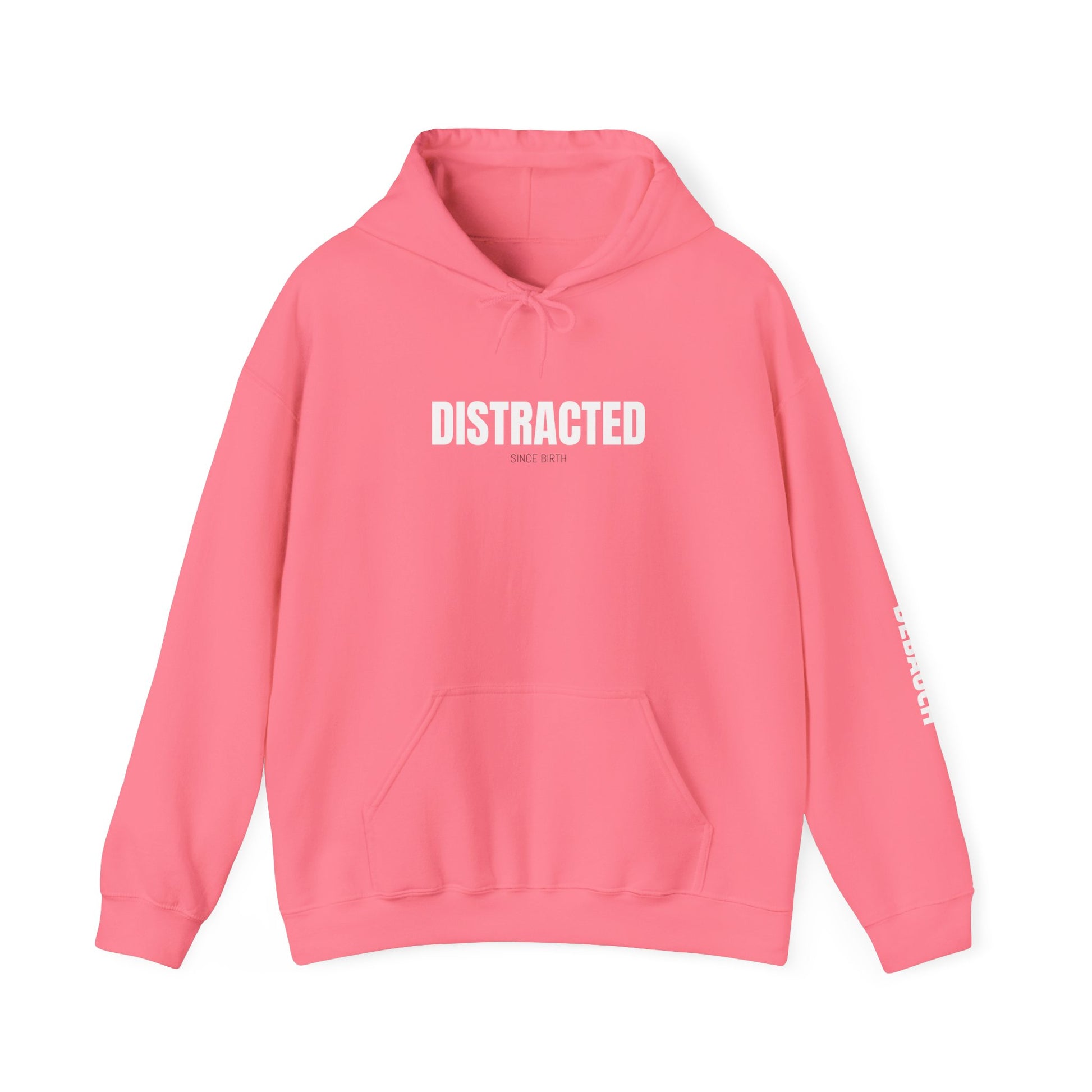 Distracted Cozy Hoodie in Safety Pink/Orchid Purple - Back view of comfortable unisex ADHD awareness apparel