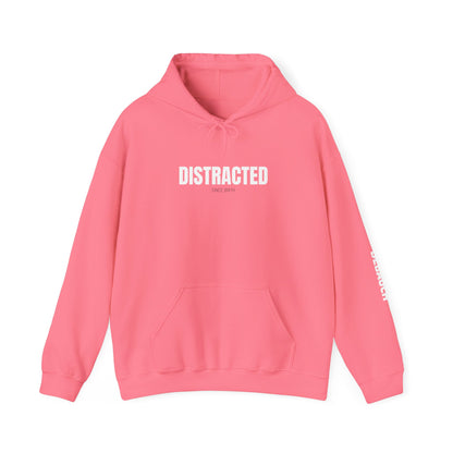 Distracted Cozy Hoodie in Safety Pink/Orchid Purple - Back view of comfortable unisex ADHD awareness apparel
