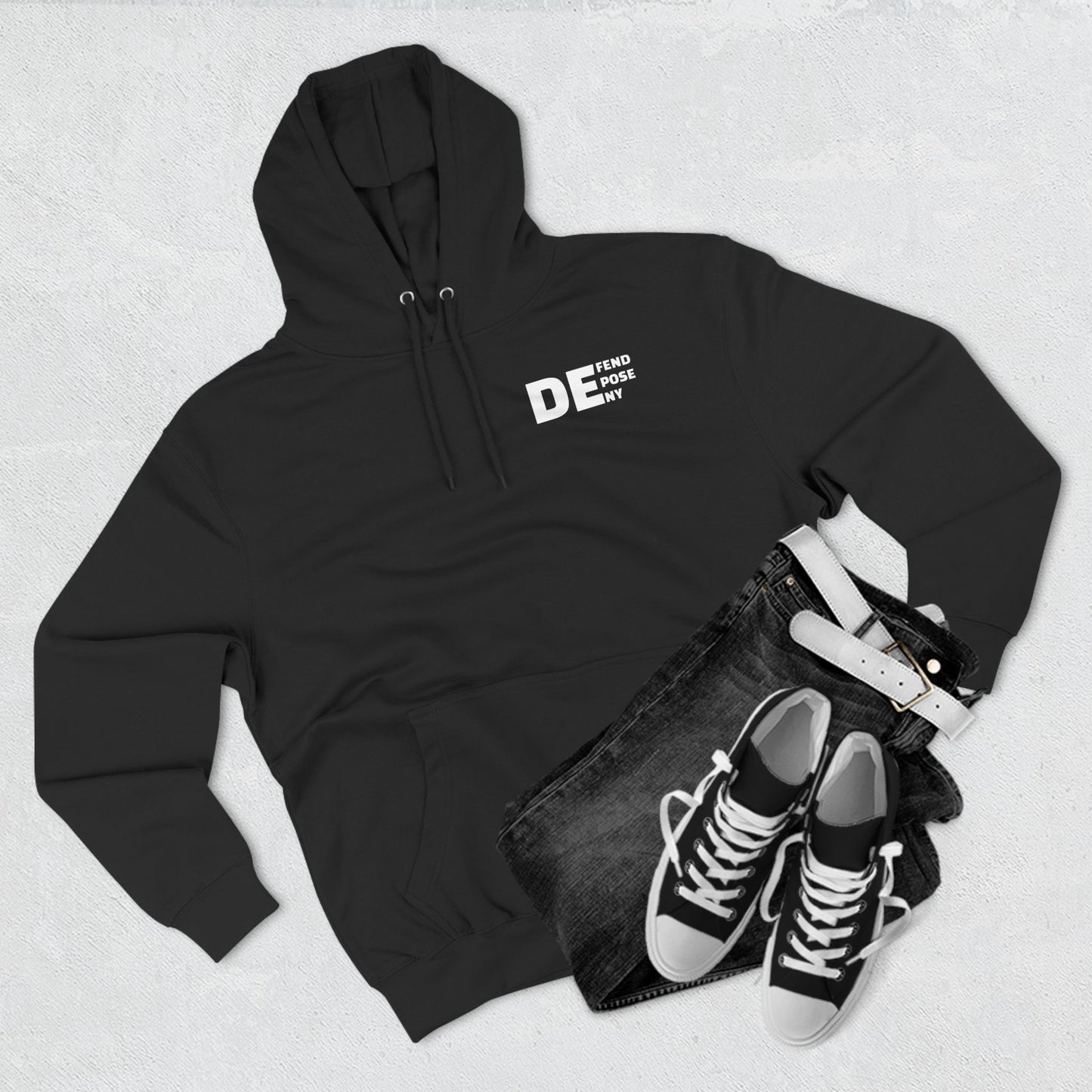 Defend, Depose, Deny Hoodie, DTG,  Front and Back, Premium Quality Fabric