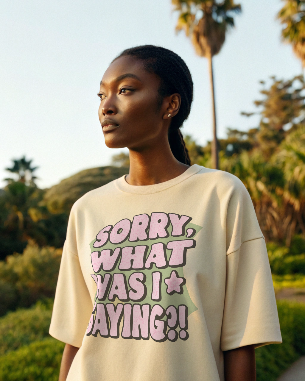 Sorry What Was I Saying Oversized T-Shirt - Model wearing comfortable unisex tee