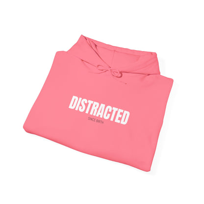 Distracted Cozy Hoodie in Safety Pink/Orchid Purple - Side view of comfortable unisex ADHD awareness hoodie