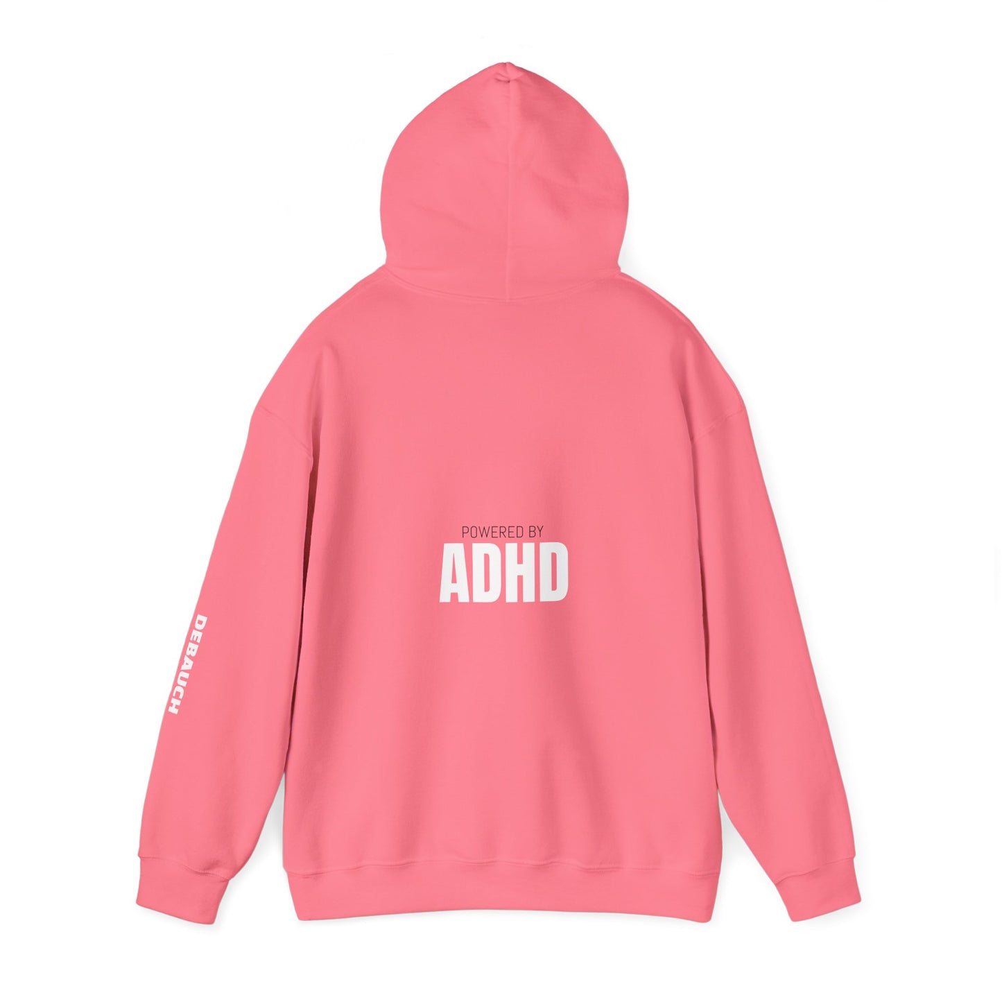 Distracted Cozy Hoodie in Safety Pink/Orchid Purple - View of hood and drawstrings on sensory-friendly apparel