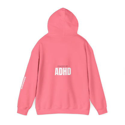 Distracted Cozy Hoodie in Safety Pink/Orchid Purple - View of hood and drawstrings on sensory-friendly apparel