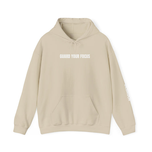 Guard Your Focus Cozy Hoodie in Sand - Front view of sensory-friendly soft fleece apparel for ADHD awareness