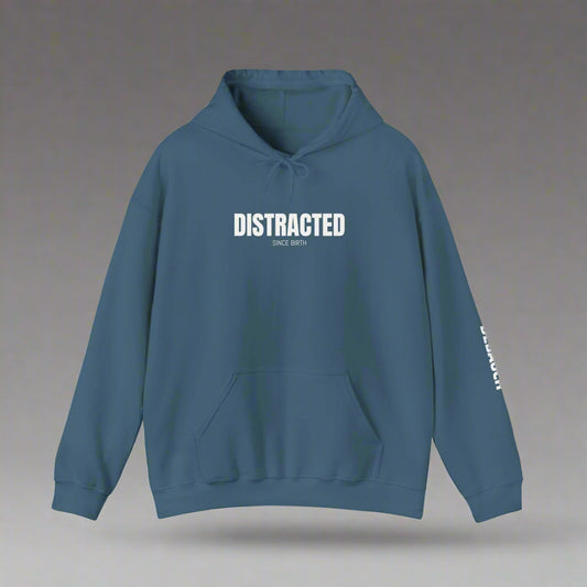 Distracted Cozy Hoodie in Indigo Blue - Front view of sensory-friendly soft fleece apparel for ADHD awareness